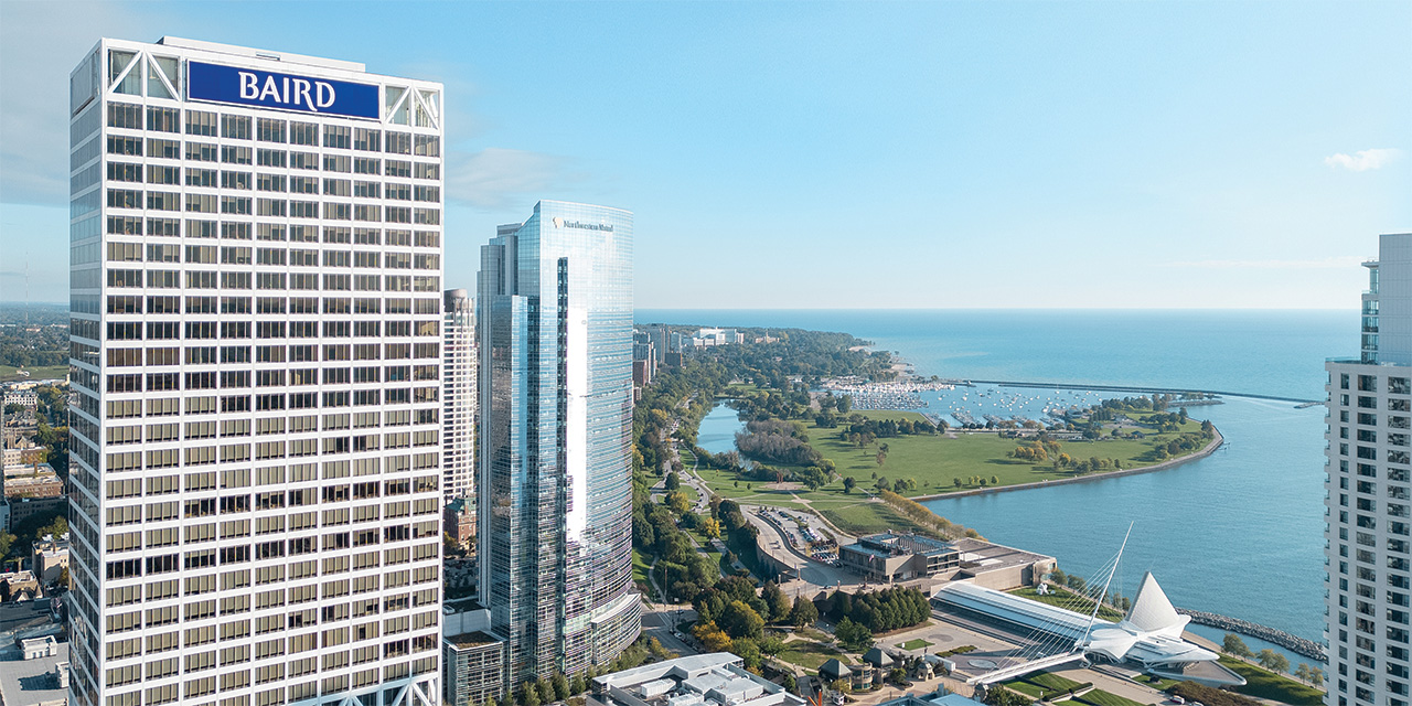  SilverPeak Strategic Capital signage atop U.S. Bank Center in the Milwaukee skyline overlooking Lake Michigan